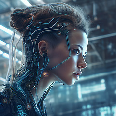 Image showing Cyberpunk, futuristic gaming and scifi woman for fantasy character, digital video game and metaverse. Technology, virtual reality and girl in dystopian city at night with ai generated robot art