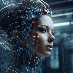 Image showing Robot, futuristic gaming and scifi woman for fantasy character, digital video game and metaverse. Technology, virtual reality and girl in dystopian city at night with ai generated cyborg art