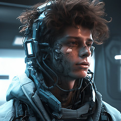 Image showing Cyberpunk, scifi gaming and cyborg man for fantasy character, humanoid soldier and metaverse. Futuristic technology, virtual reality and dystopian male with ai generated, digital art and 3d design