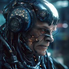 Image showing Cyberpunk, cyborg and face of scifi old man for video game character, digital gaming and metaverse. Futuristic technology, virtual reality and dystopian male at night for fantasy ai, hero or robot