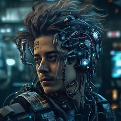 Image showing Robot, futuristic face and scifi man for fantasy character, digital video game and metaverse. Technology, virtual reality and male in dystopian city at night in ai generated, cyborg design