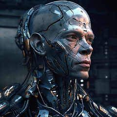 Image showing Cyberpunk, futuristic and scifi cyborg man for video game character, digital gaming and metaverse. Technology, virtual reality and dystopian metal machine at night for ai generated 3d robot design