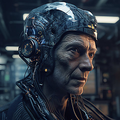 Image showing Cyberpunk, futuristic cyborg and scifi old man for video game character, digital gaming and metaverse. Technology, virtual reality and dystopian male soldier at night for ai generated robot design