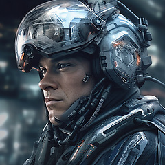 Image showing Cyberpunk, futuristic soldier and scifi man for video game character, digital gaming and metaverse. Technology, virtual reality and male in dystopian city for ai generated, military cyborg design