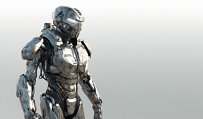 Image showing Cyborg, robot and iron soldier on mockup for futuristic war, galactic cyberspace battle or android machine against white studio background. Cyber warrior in robotic future or technology on copy space