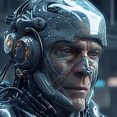 Image showing Cyberpunk, futuristic and face of scifi old man for video game character, digital gaming and metaverse. Technology, virtual reality and male in dystopian city at night in ai, cyborg and robot design