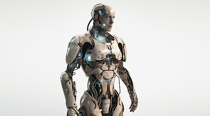 Image showing Robot, ai and android isolated on studio background, robotics and technology abstract with mockup space. Computer science, humanoid and innovation with futuristic tech, alien with scifi and cyborg