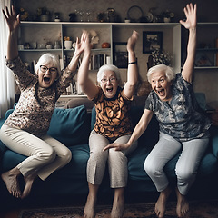 Image showing Happy, watching tv or excited senior women, friends or old people shout, celebrate and group cheers for entertainment. Retirement home celebration, elderly woman or Ai generated female scream on sofa