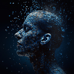 Image showing Futuristic, ai and human face with big data, network and innovation on dark studio background. Abstract, artificial intelligence and robotics with future connection, 3d illustration and metaverse