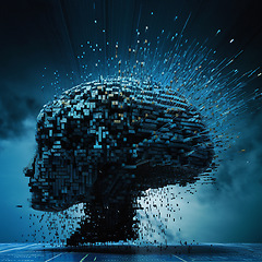 Image showing Head, ai robot and 3d big data isolated on a background or futuristic backdrop. Profile, cyber and bot, droid or machine, digital cyborg or render, robotic face or artificial intelligence generated.