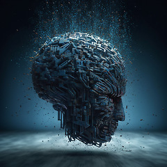 Image showing Head, ai robot and futuristic 3d in studio isolated on a background or backdrop. Profile, cyber and bot, droid or machine, digital cyborg or render, robotic face or artificial intelligence generated.