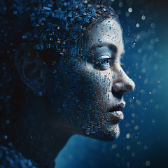 Image showing Futuristic, data and cyborg woman in digital world, metaverse or scifi isolated on a dark background. Robotic face, mind and cyber technology, overlay and binary code with ai generated programming