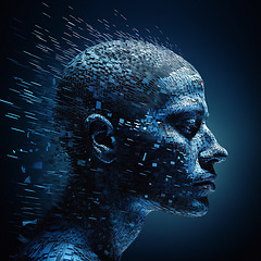 Image showing 3D male, face and human artificial intelligence of ai generated profile, future technology and engineering of machine learning. Abstract, futuristic and digital transformation head on blue background