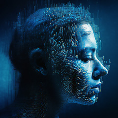 Image showing 3D head, woman and human artificial intelligence of ai generated profile, future tech and machine learning engineering. Abstract face, futuristic and digital transformation person on blue background