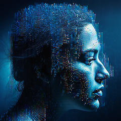 Image showing 3D head, person and human artificial intelligence of ai generated profile, future tech and machine learning engineering. Abstract face, futuristic and digital transformation woman on blue background