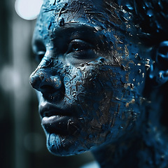 Image showing Avatar, digital and woman with a skin defect, artistic creativity and futuristic robot. Future, alien face of a person with creative design, technology and ai network for tech with blue color