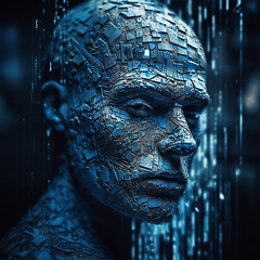 Image showing Human face, ai and man with big data, futuristic and connection with digital avatar, network and abstract. Head, robot and artificial intelligence with future setup and metaverse on dark backdrop