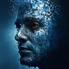 Image showing 3D face, abstract and futuristic with artificial intelligence, digital pixels and ai generated man on blue backdrop. Graphic, future and human head design for facial recognition or creative design