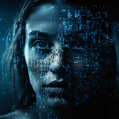 Image showing Portrait, ai and overlay with a digital woman in studio on a dark background for 3d information technology. Face, future and cyber space with a female hologram interface as a dashboard for security