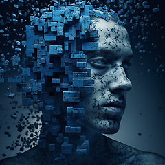 Image showing Face, ai and man with big data, futuristic and abstract against studio background. Male, guy and robotics with artificial intelligence, human head or innovation with connection or 3d illustration