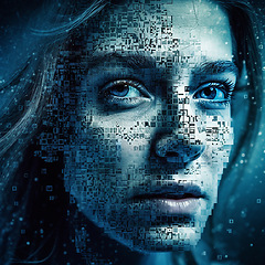 Image showing Face, ai and overlay with a digital woman in studio on a dark background for 3d information technology. Portrait, future and cyber space with a female hologram interface as a dashboard for security