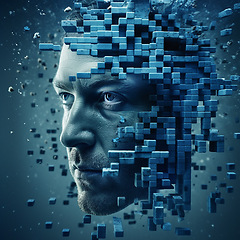 Image showing Face, abstract and futuristic with innovation, cubes or technology with robotics, connection or network. Minimalistic design, human head or artificial intelligence with future development or artistic