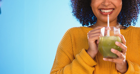 Image showing Health juice, black woman and healthy green smoothie of a person drinking weight loss drink. Mockup, studio background and female with vegetable, nutrition and detox shake for nutritionist wellness