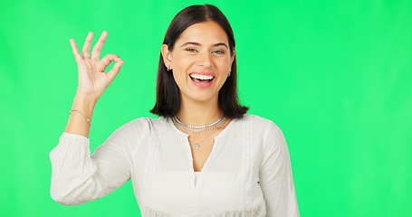 Image showing Ok hands, face and happy woman on green screen, background and studio in agreement of support. Portrait of female model, smile and okay for success, yes and winner of perfect emoji, thank you or hope