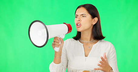 Image showing Megaphone, protest and woman green screen for broadcast, justice and strong opinion, voice or announcement. Person, speaker or angry leader in politics, news and call to action with speech in studio