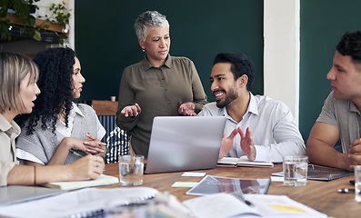 Image showing Planning, talking and business people in a meeting at work for a collaboration, advice or agenda. Team, office and group of employees speaking about a plan, corporate idea or teamwork for a project