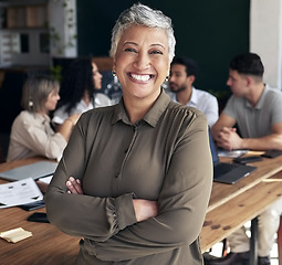 Image showing Proud, happy portrait and business woman in meeting for professional leadership, management or planning mindset. Indian person, manager or boss with arms crossed for career goals and office happiness