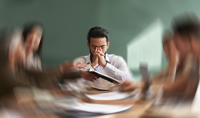 Image showing Stress, migraine and motion blur with a business man in a meeting feeling frustrated, tired or overworked. Mental health, anxiety and headache with an exhausted male employee suffering from fatigue