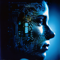 Image showing Face, woman and futuristic 3d profile in studio isolated on a background or backdrop. Person, bot or droid with digital circuit, bionic or robotic cyborg generated with cyber computer innovation