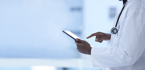 Image showing Mockup, hands and doctor with tablet, healthcare or futuristic telehealth in hospital. Hand, surgeon or medical professional with device, tech or typing for research, information update or innovation