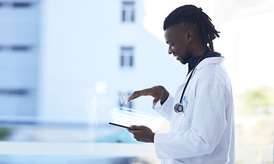 Image showing Technology, doctor and mockup, tablet with hologram for futuristic or virtual medical information in hospital. Black man, health care in Africa and cyber consultation for data on health and happiness