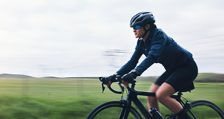 Image showing Bicycle, exercise and woman cyclist ride outdoors for fitness, training and workout for wellness and health. Mockup, bike and female person riding as challenge, travel and cycling for cardio