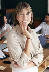 Image showing Portrait, smile and professional with a business woman intern standing in the office for coaching or development. Happy, workshop and confidence with an attractive young female employee at work