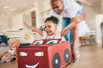 Image showing Playing girl, father and box in living room for pushing, games or race in motion blur, bonding love or happiness. Man, female child or cardboard car for support, fast game and floor in family home