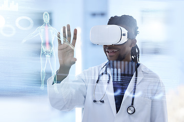 Image showing Doctor, virtual reality and man with x ray in health and digital transformation, anatomy and overlay. Tech growth in medicine, medical data on screen with black male in VR goggles and futuristic