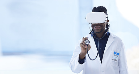 Image showing Ai healthcare, checkup and black man with glasses for a metaverse consultation and health app. Mockup, futuristic and African doctor consulting with goggles and stethoscope in a virtual reality