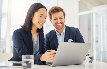Image showing Business man, woman and laptop for planning, reading and happy with results in modern office. Japanese businesswoman, businessman and computer with diversity, teamwork and collaboration for strategy