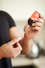 Image showing Man, filling a syringe or liquid injection of testosterone and bottle, steroids and closeup of bodybuilder hands. Athlete, fitness performance on hormone supplement and medicine vial with needle