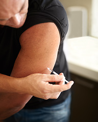 Image showing Sports, injection and man with a syringe with steroids in his arm for muscle development. Fitness, testosterone supplement and male body builder injecting with illegal hormone liquid drug with needle