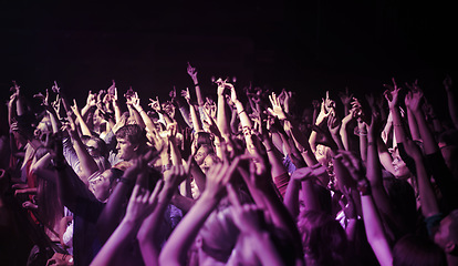 Image showing Big crowd, hands and people at music festival or concert, neon lights and energy at live event. Dance, fun and excited fans dancing in arena at rock band performance or audience at weekend rave party