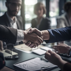 Image showing Business people, shaking hands and corporate meeting in conference for b2b, deal or agreement at office. Employees handshake in collaboration, teamwork or welcome for introduction or team greeting