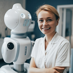 Image showing Portrait, doctor and robot in future hospital of healthcare with automation innovation and ai generated tech. Arms crossed woman, happy and robotic assistant in clinic for futuristic help by machine