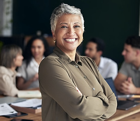 Image showing Leader, portrait and woman arms crossed in meeting with professional leadership, business management planning and mindset. Indian person, manager or boss proud for career goals and office happiness