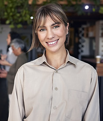 Image showing Portrait, happy and professional with a business woman intern standing in the office for coaching or development. Smile, workshop and confidence with an attractive young female employee at work