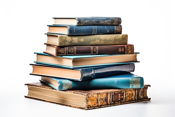 Image showing Stack of old books on white