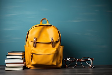 Image showing Backpack and stack of books on table